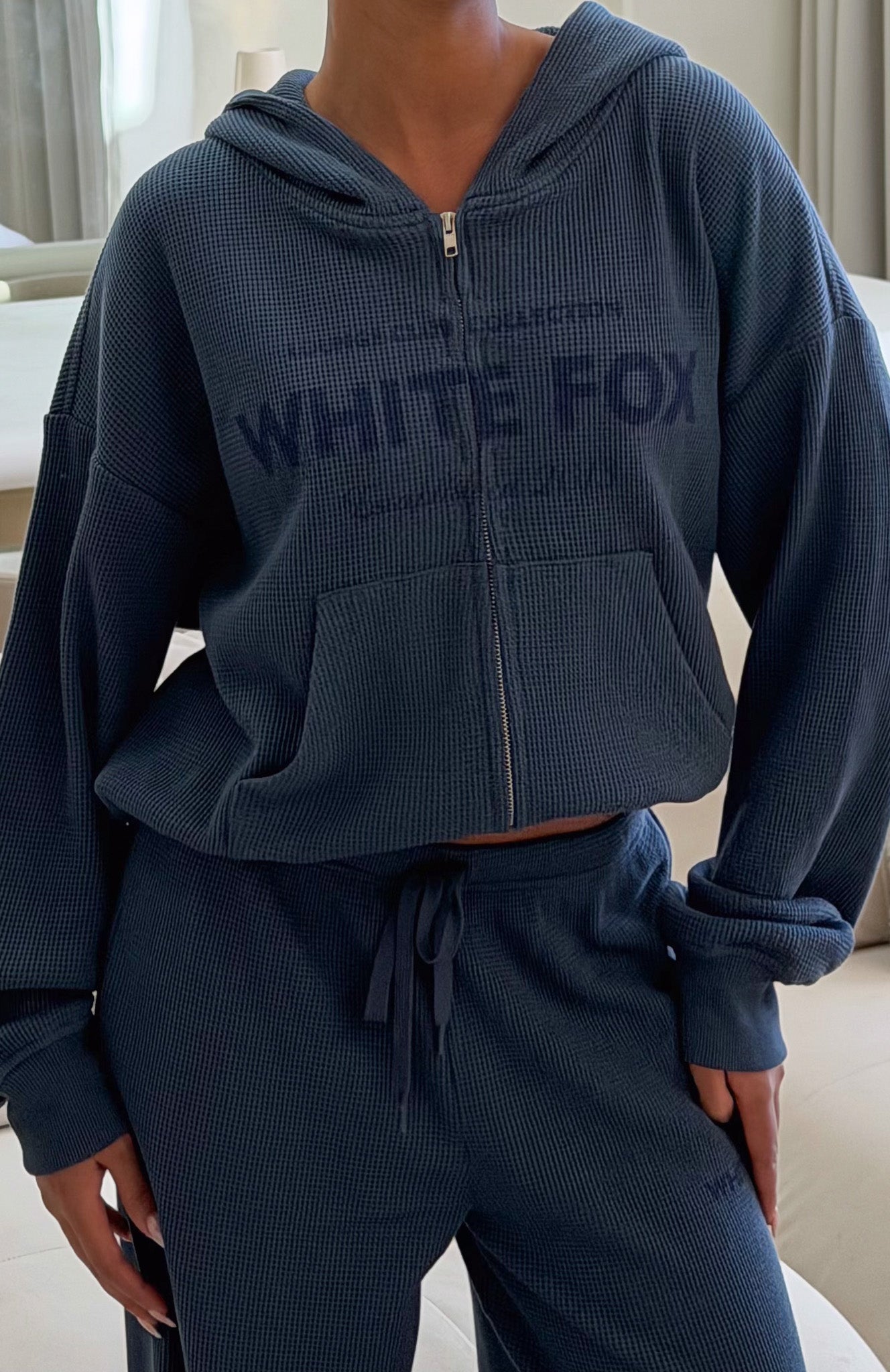 Leave Me Out Of It Waffle Boxy Zip Front Hoodie Navy | White Fox