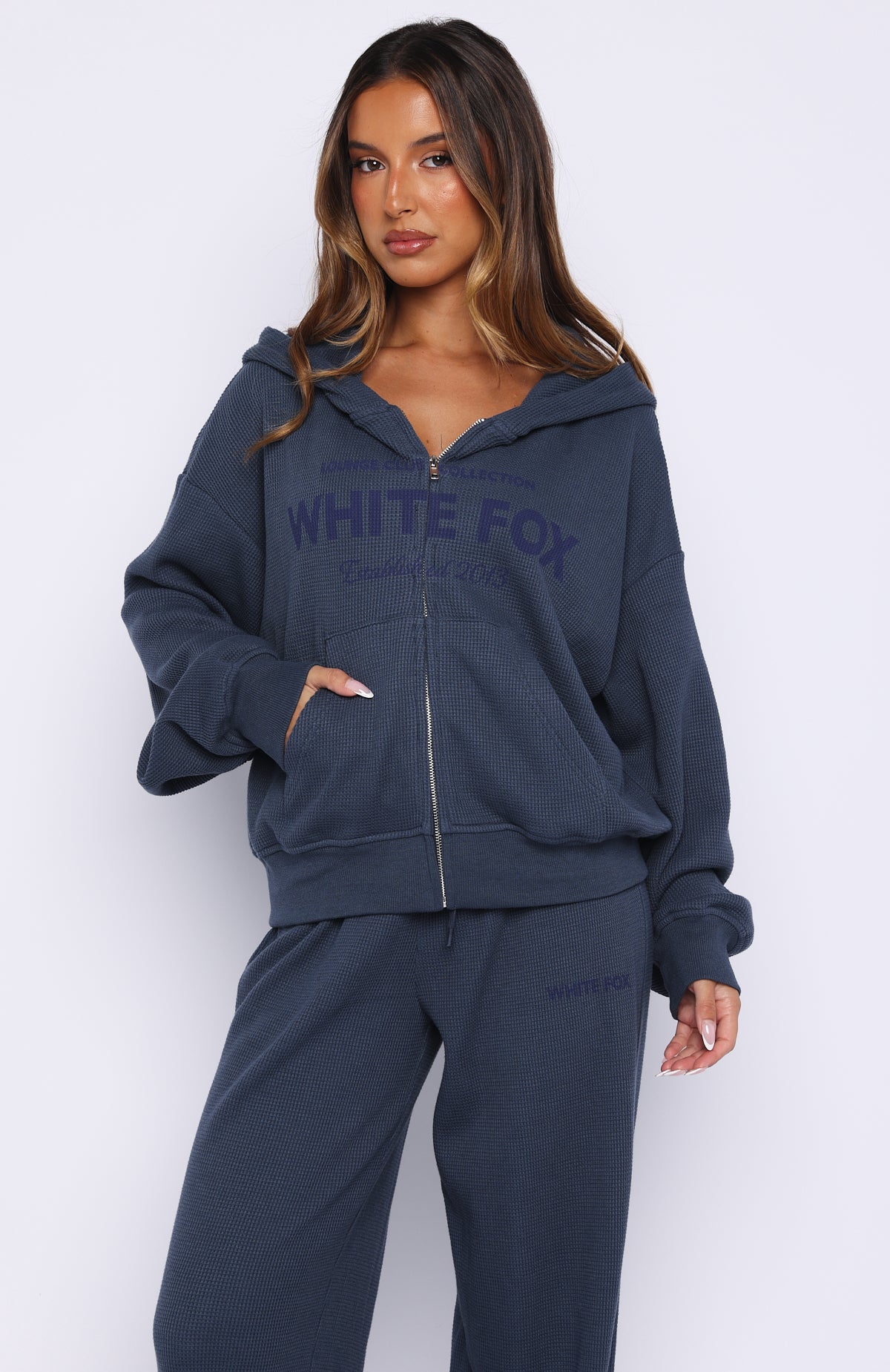 Leave Me Out Of It Waffle Boxy Zip Front Hoodie Navy | White Fox
