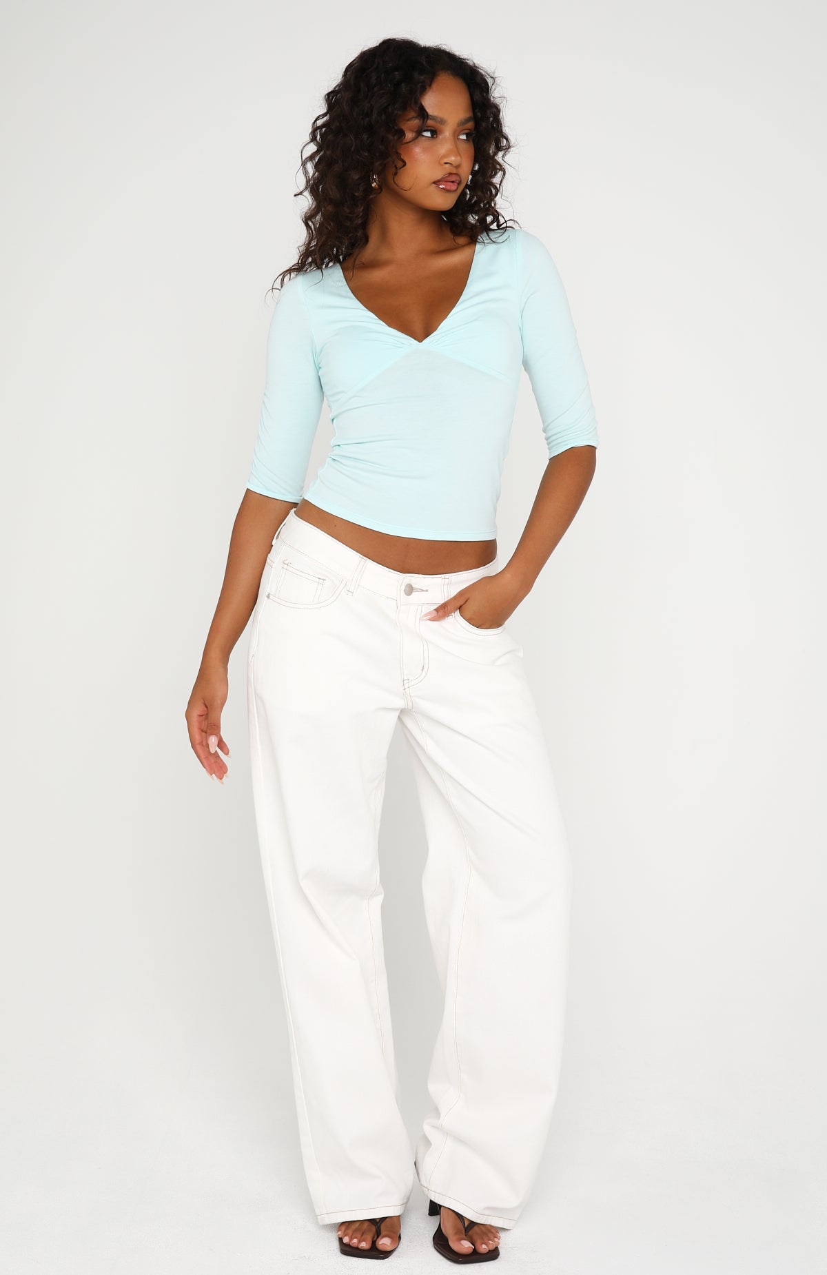 Little Bit Of Everything 3/4 Sleeve V Neck Top Baby Blue | White