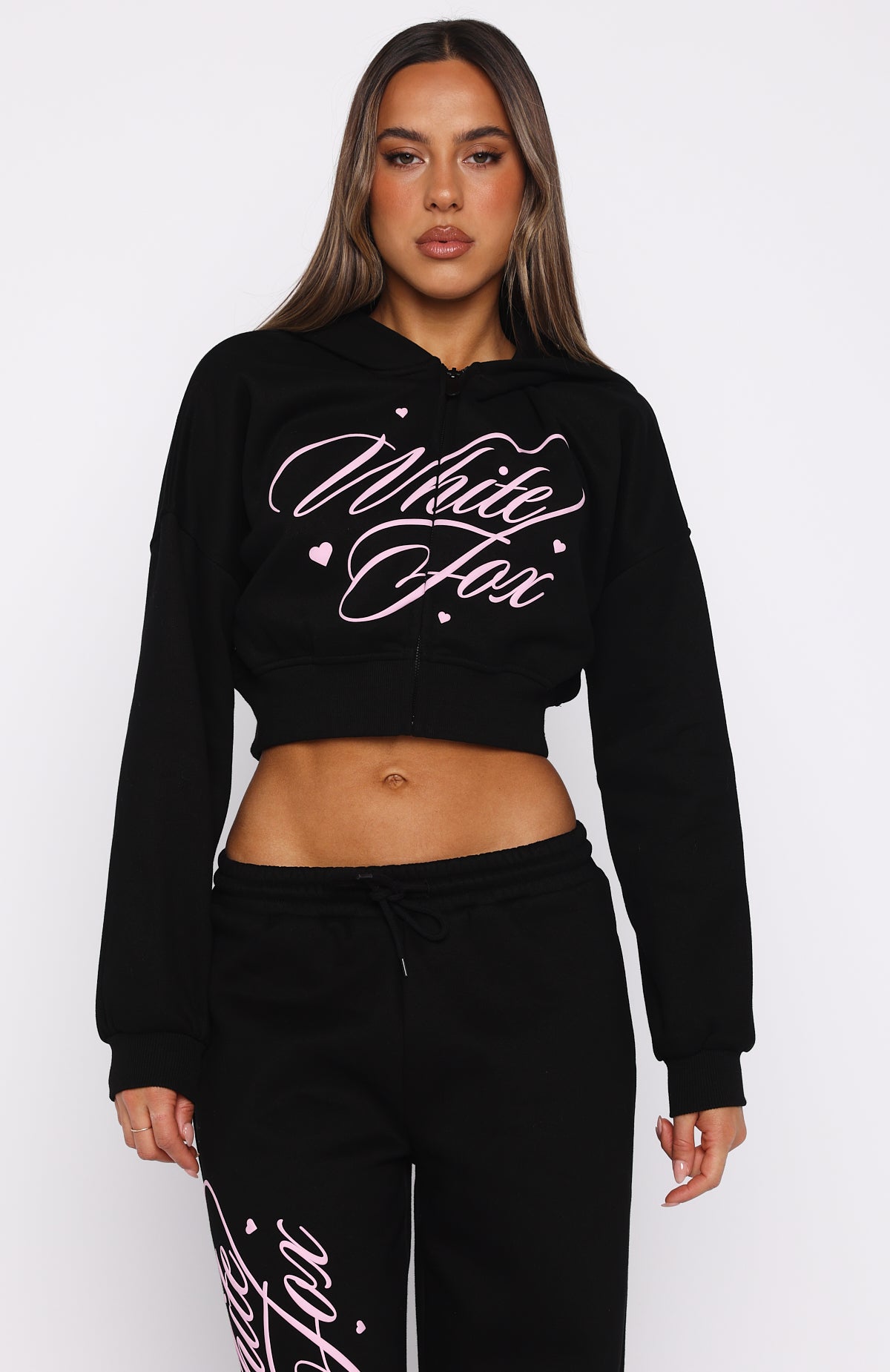 Love You Regardless Cropped Zip Front Hoodie Black | White Fox