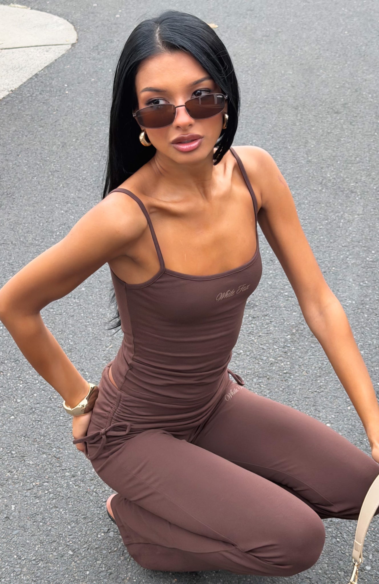 Pretty Vibes Fold Over Flare Pants Chocolate | White Fox Boutique US