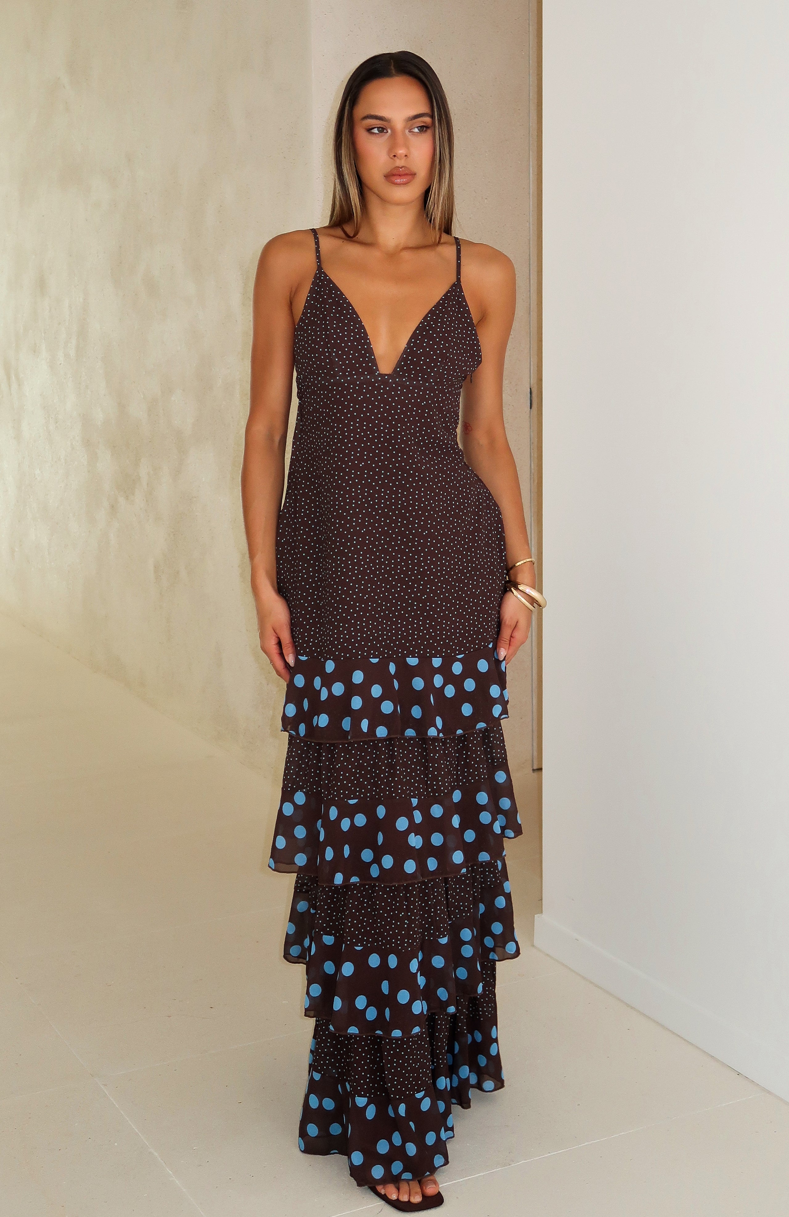 Princess Maxi Dress Chocolate/Blue Polka Dot Princess Maxi Dress Chocolate/Blue Polka Dot
