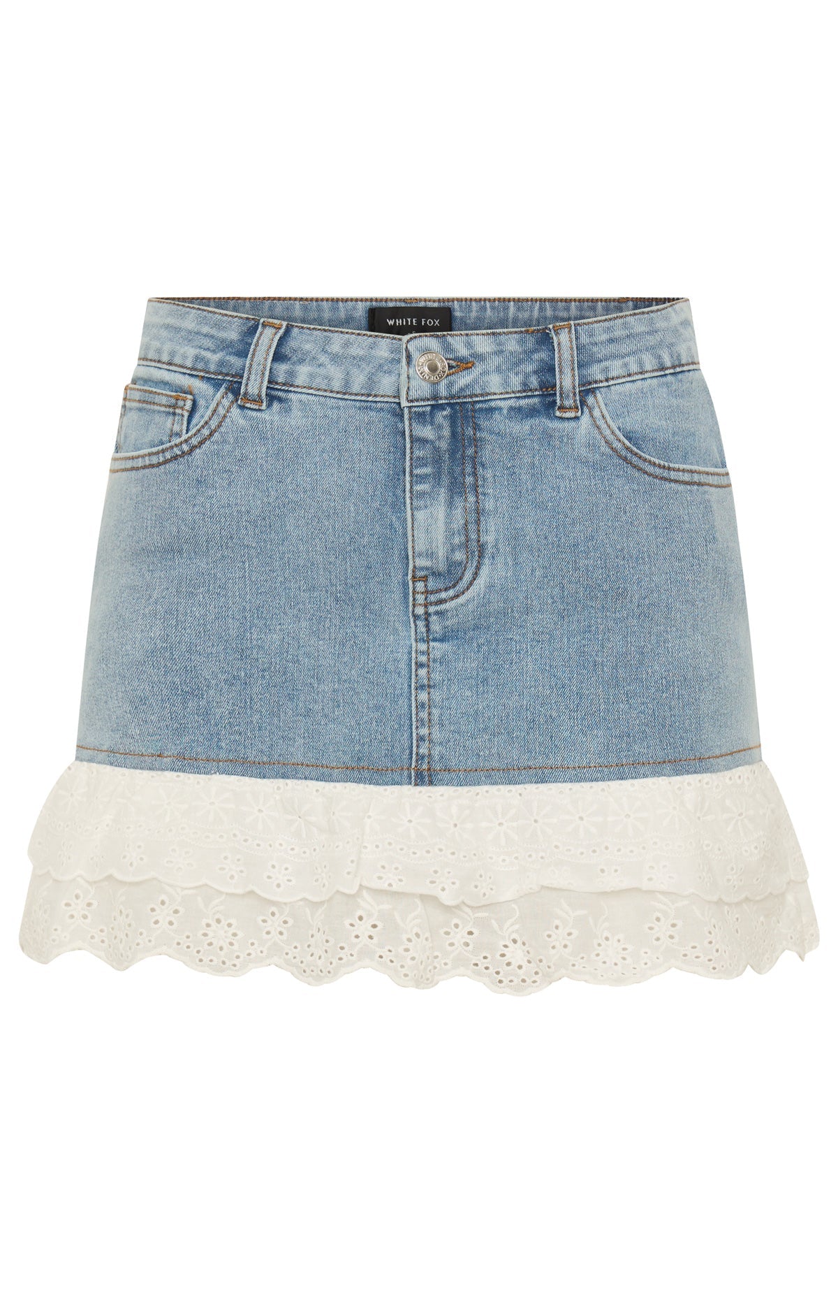 Run It Up Frill Denim Mini Skirt Light Blue | White Fox Boutique US