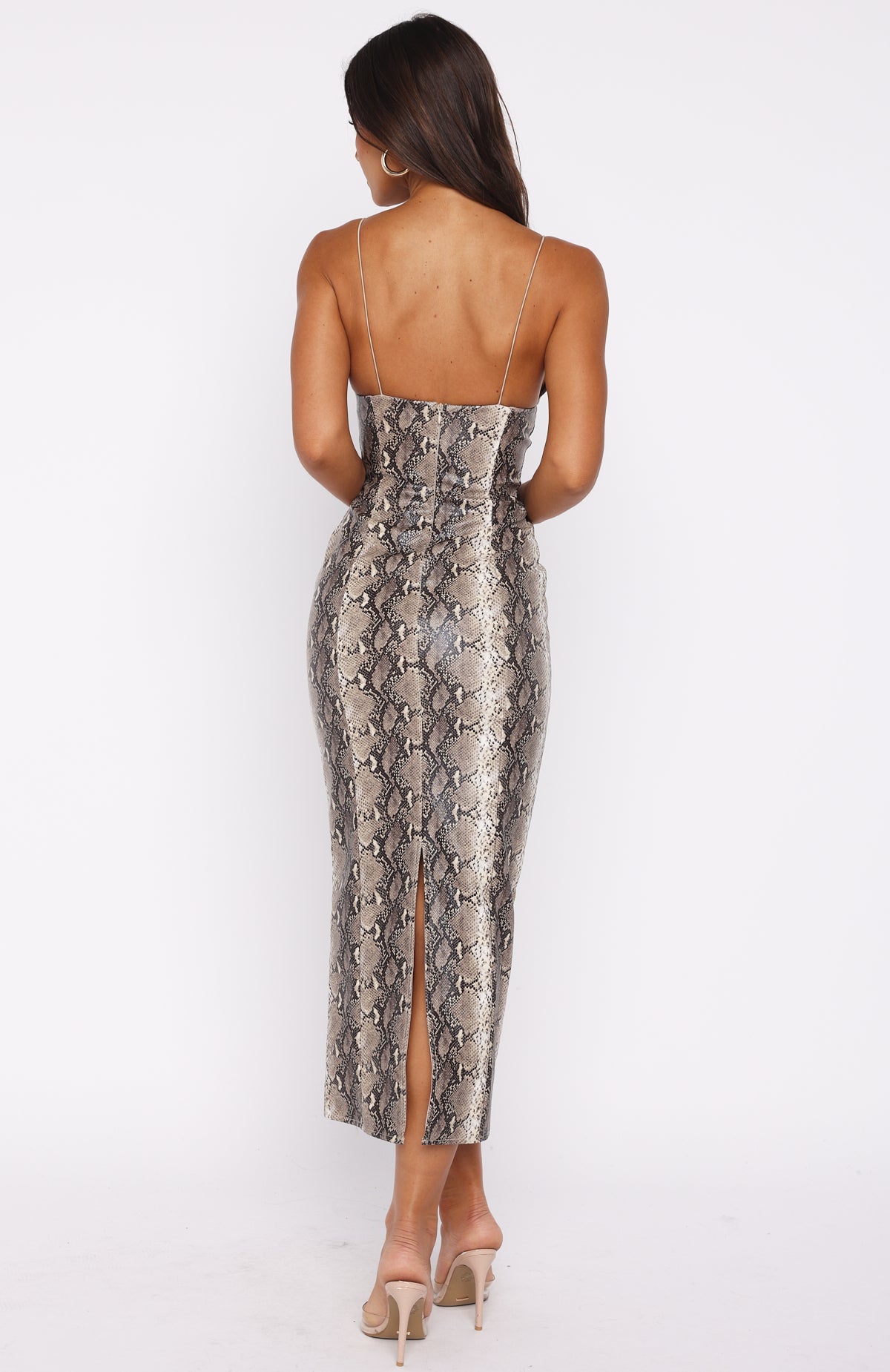 snake print dress midi She's A Queen PU Midi Dress Tan Snake