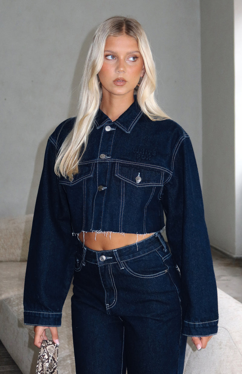 Something To Prove Cropped Denim Jacket Dark Indigo Wash