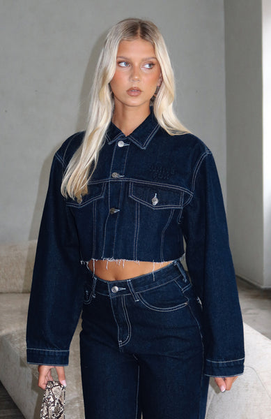 Something To Prove Cropped Denim Jacket Dark Indigo Wash | White