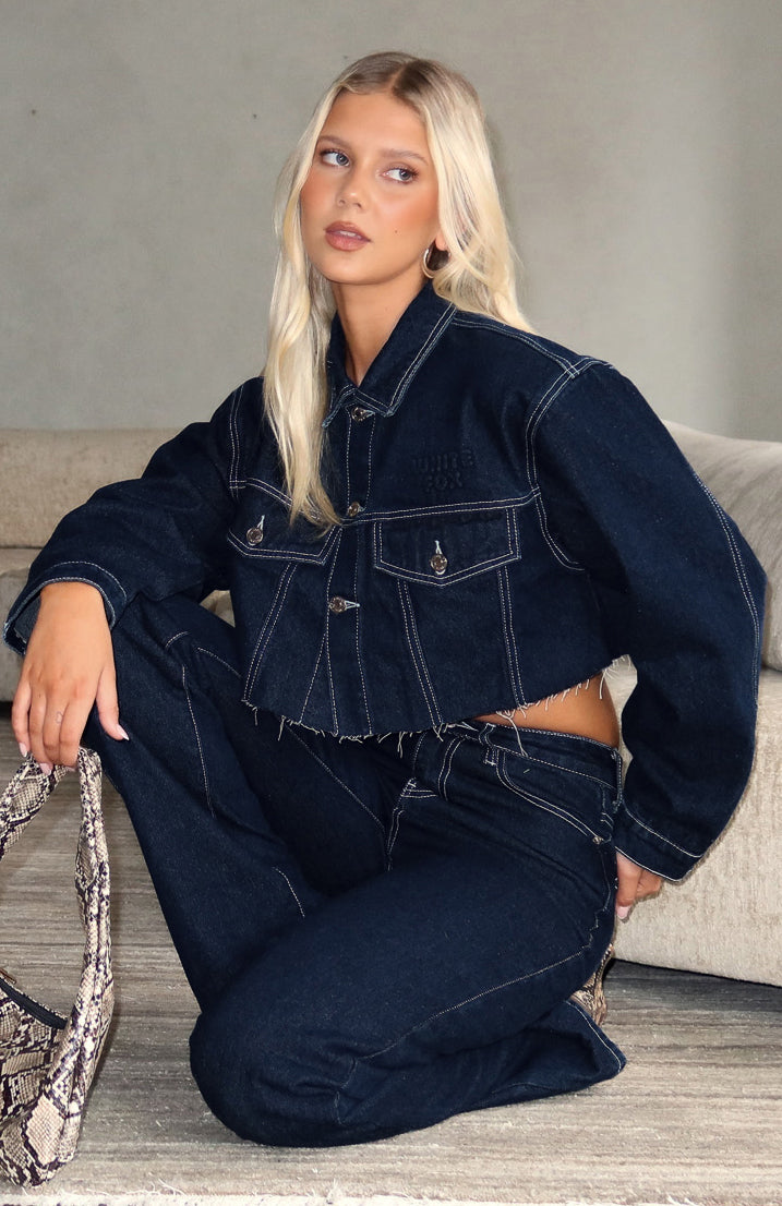 Something To Prove Cropped Denim Jacket Dark Indigo | White Fox