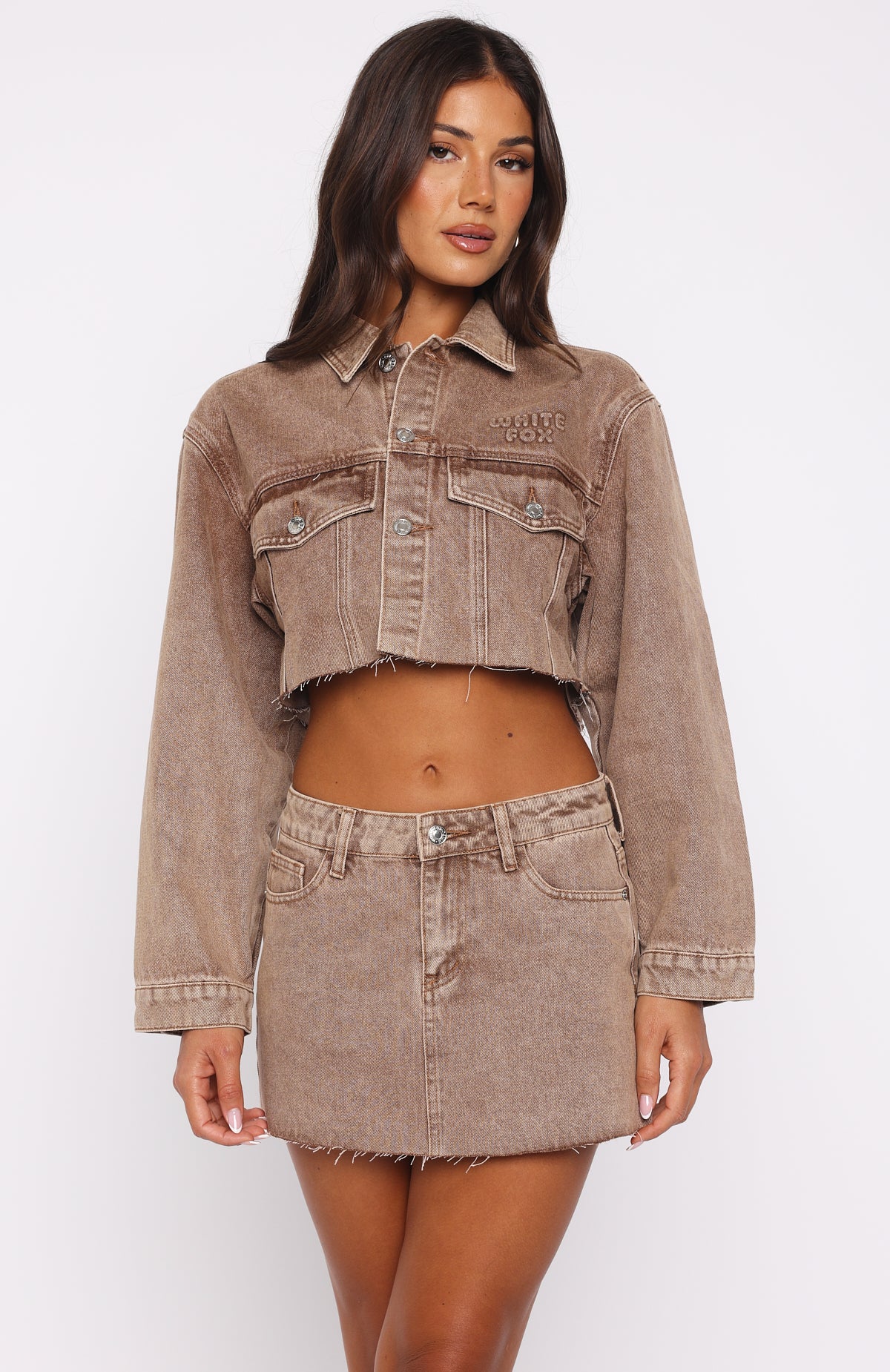 Something To Prove Cropped Denim Jacket Tan Wash | White Fox