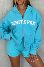Starting Off Strong Boxy Zip Front Hoodie Azure | White Fox