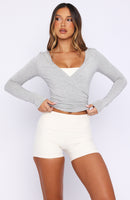 Staying Cute Long Sleeve Wrap Top Grey Marle