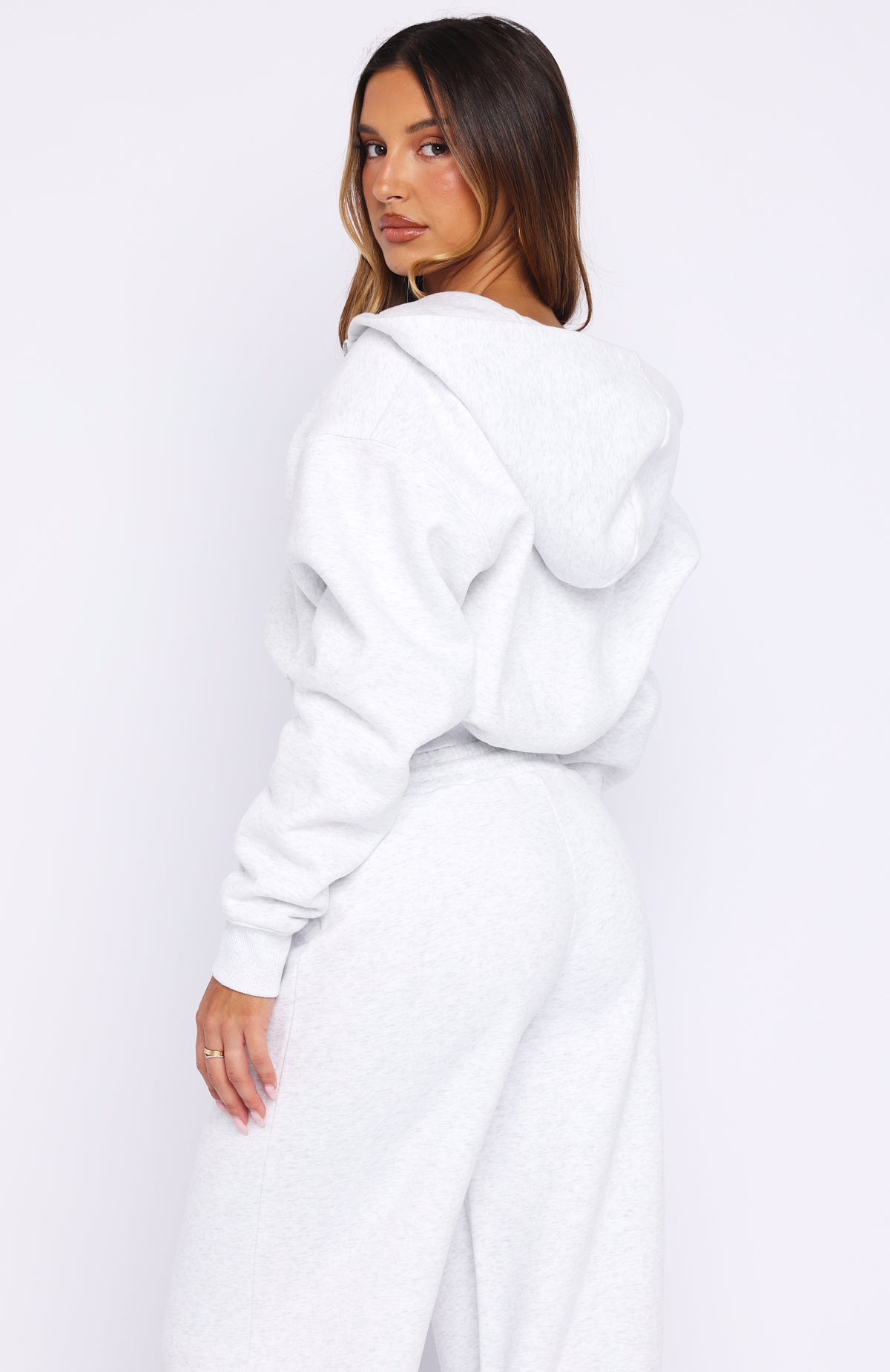 Wishing For It Cropped Cinched Zip Front Hoodie Grey Marle | White