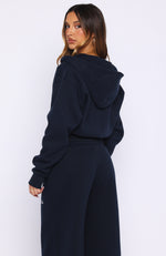 Wishing For It Cropped Cinched Zip Front Hoodie Navy | White Fox