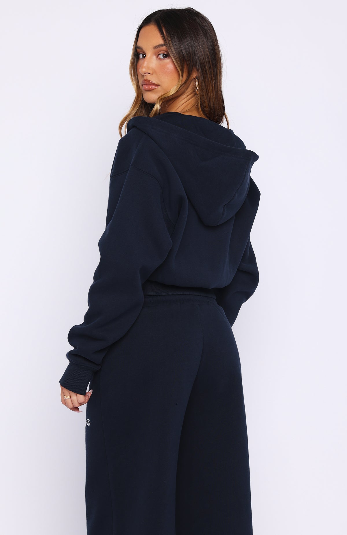 Wishing For It Cropped Cinched Zip Front Hoodie Navy | White Fox