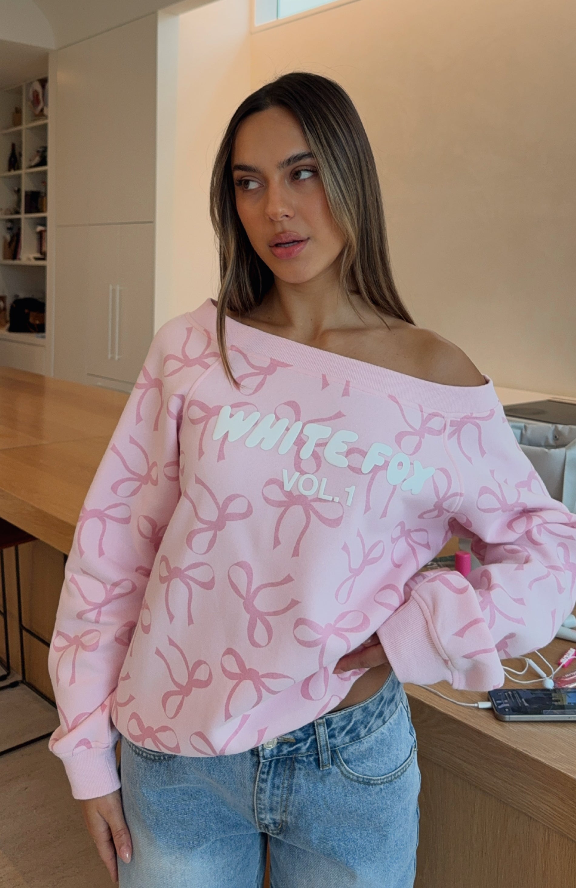 Vol. 1 Off Shoulder Printed Sweater Posy Bow | White Fox Boutique US