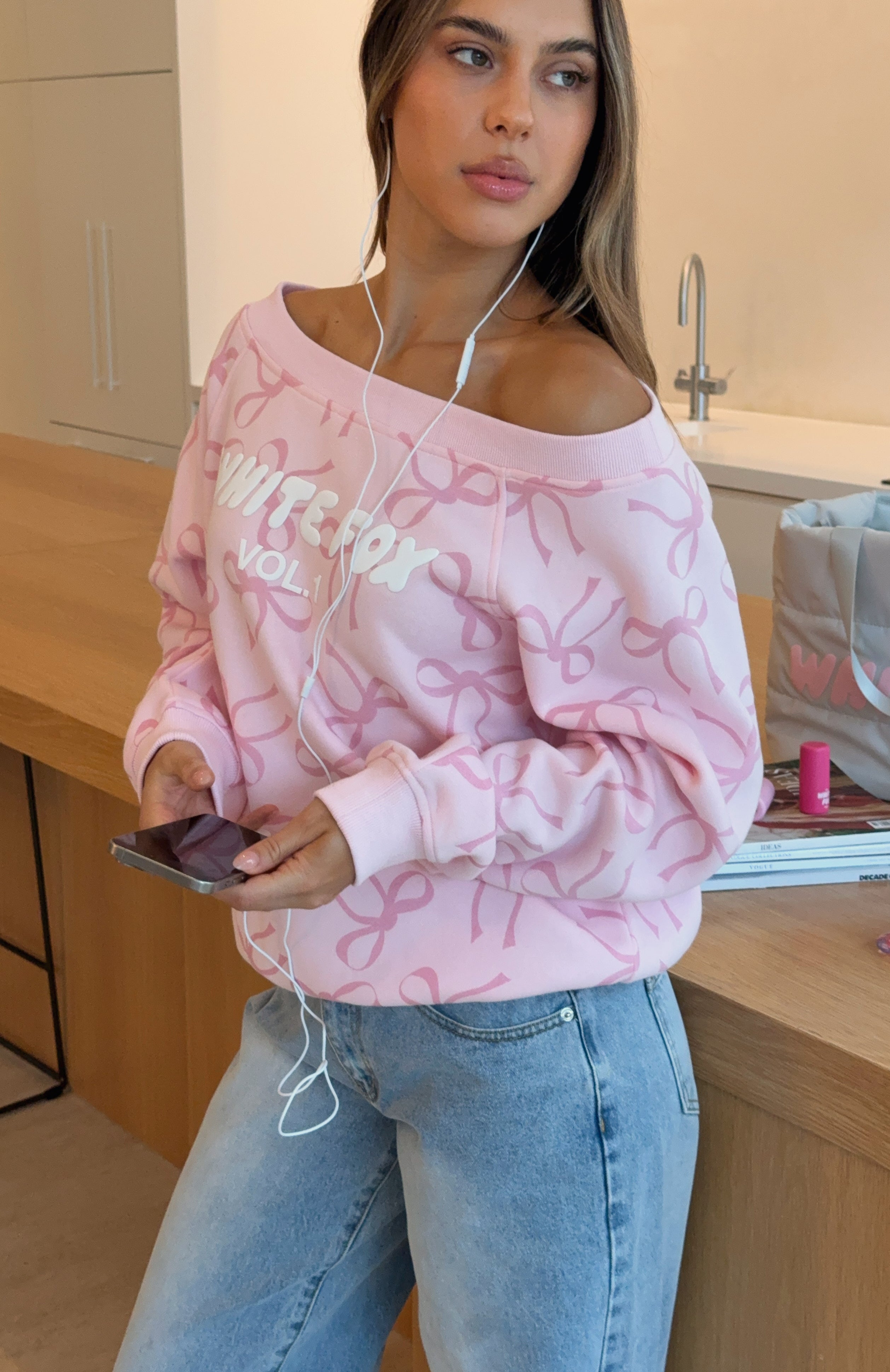 Vol. 1 Off Shoulder Printed Sweater Posy Bow | White Fox Boutique US