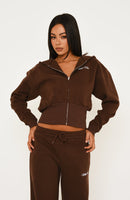 Wishing For It Cropped Cinched Zip Front Hoodie Chocolate