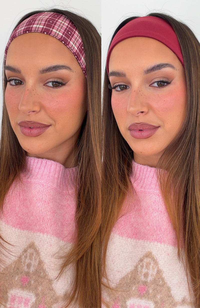 Staying Safe 2 Pack Headband Burgundy & Plaid