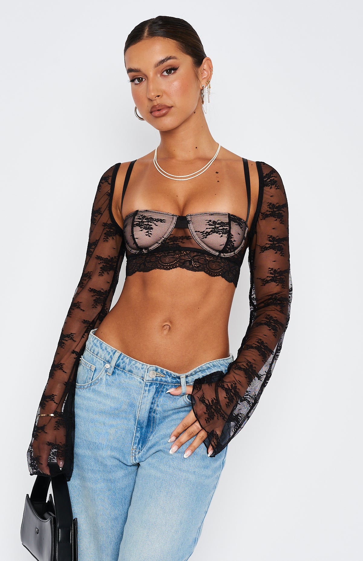 Hold It Down Long Sleeve Lace Crop Black | White Fox Boutique US