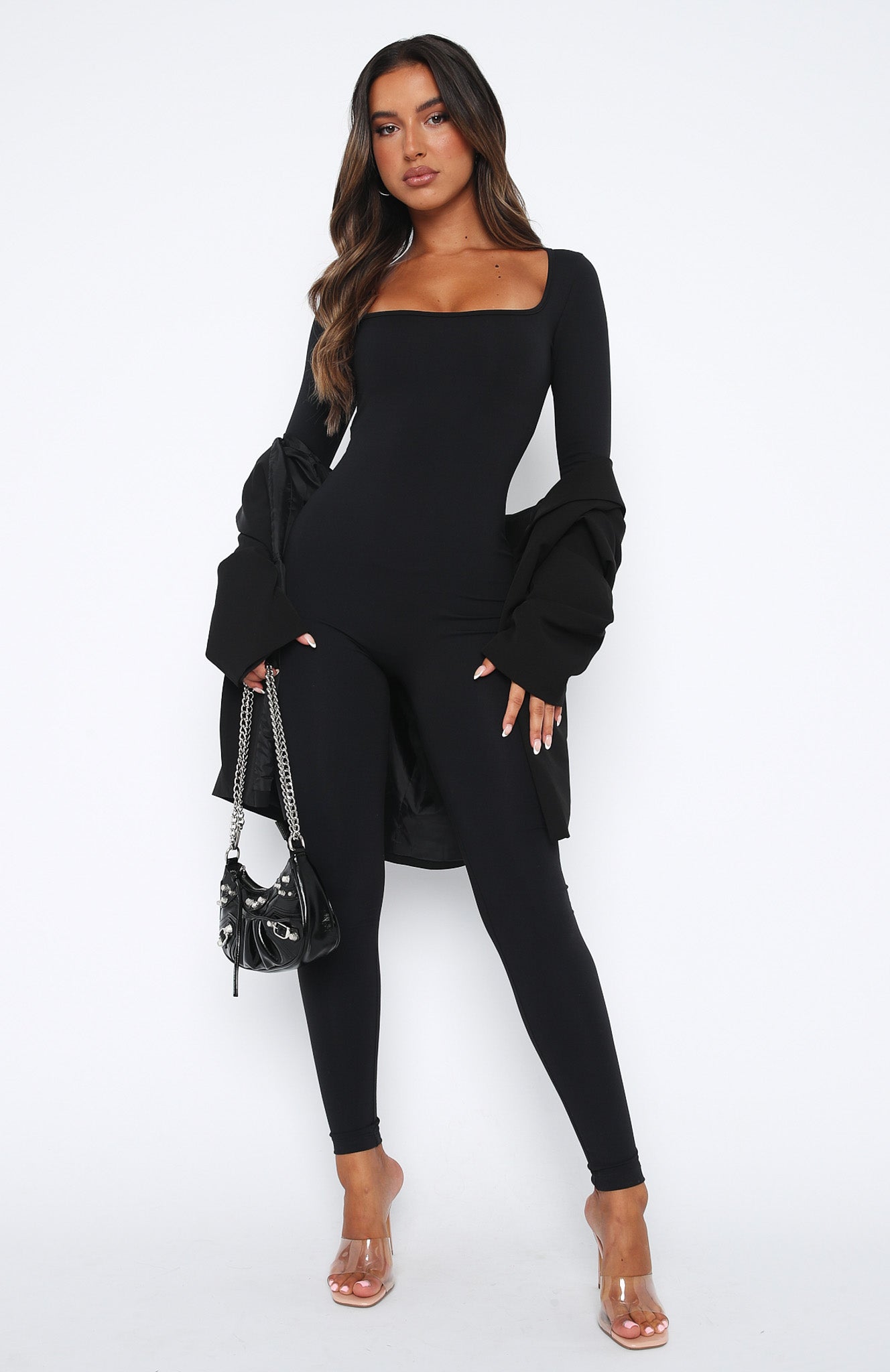 In A Daze Long Sleeve Jumpsuit Black | White Fox Boutique US
