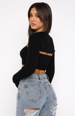 Forgetting You Ribbed Knit Long Sleeve Crop Black