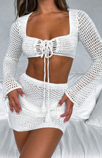 I Was Here Long Sleeve Crochet Crop Off White