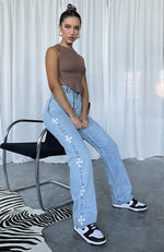 Unbothered High Rise Straight Leg Jeans Washed Blue Print